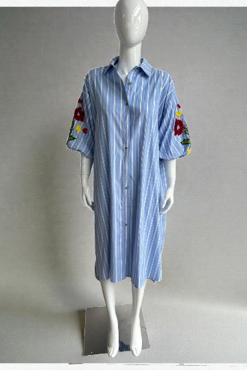 Zetaotto Embroided Balloon Sleeves  Stripe shirt Dress