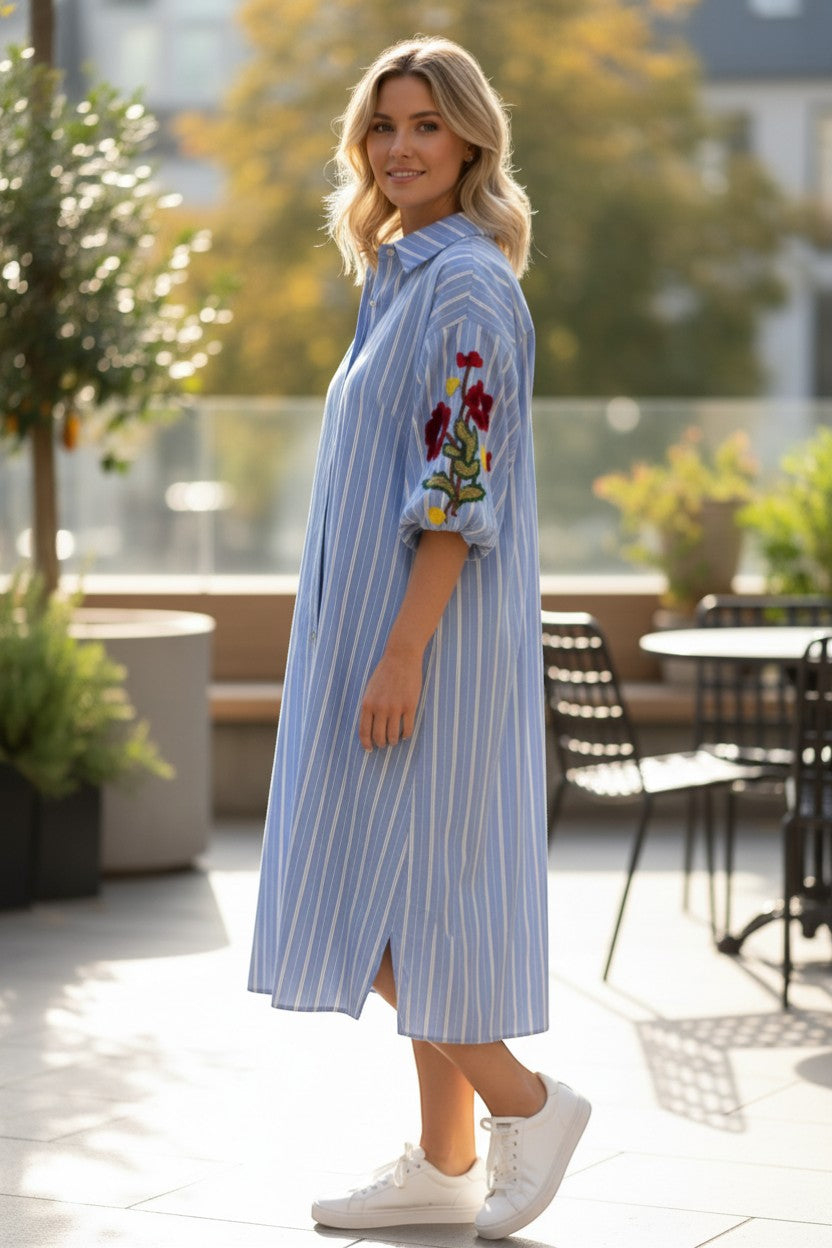 Zetaotto Embroided Balloon Sleeves  Stripe shirt Dress