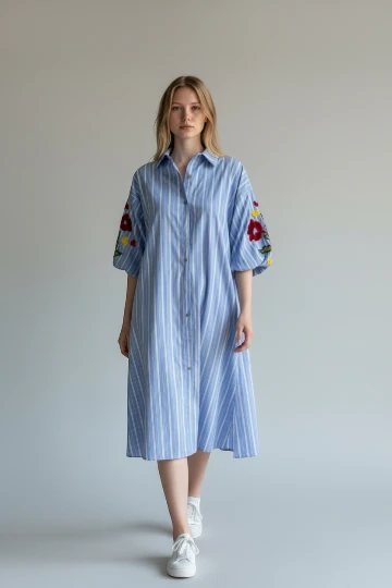 Zetaotto Embroided Balloon Sleeves  Stripe shirt Dress
