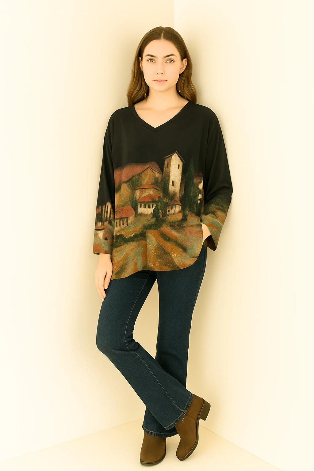 Made in Italy V Neck Print Top