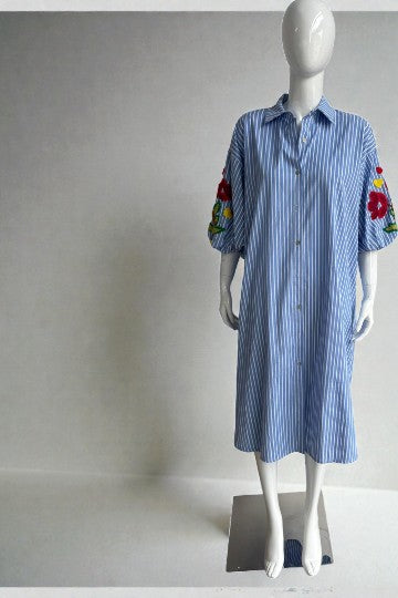 Zetaotto Embroided Balloon Sleeves  Stripe shirt Dress