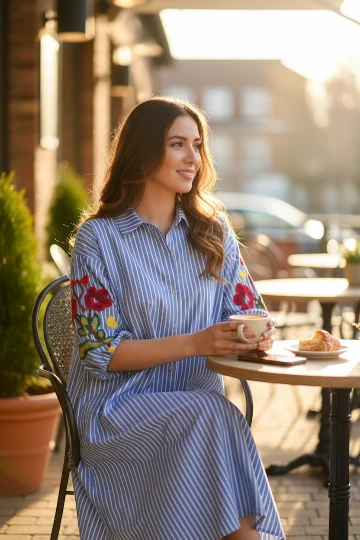 Zetaotto Embroided Balloon Sleeves  Stripe shirt Dress