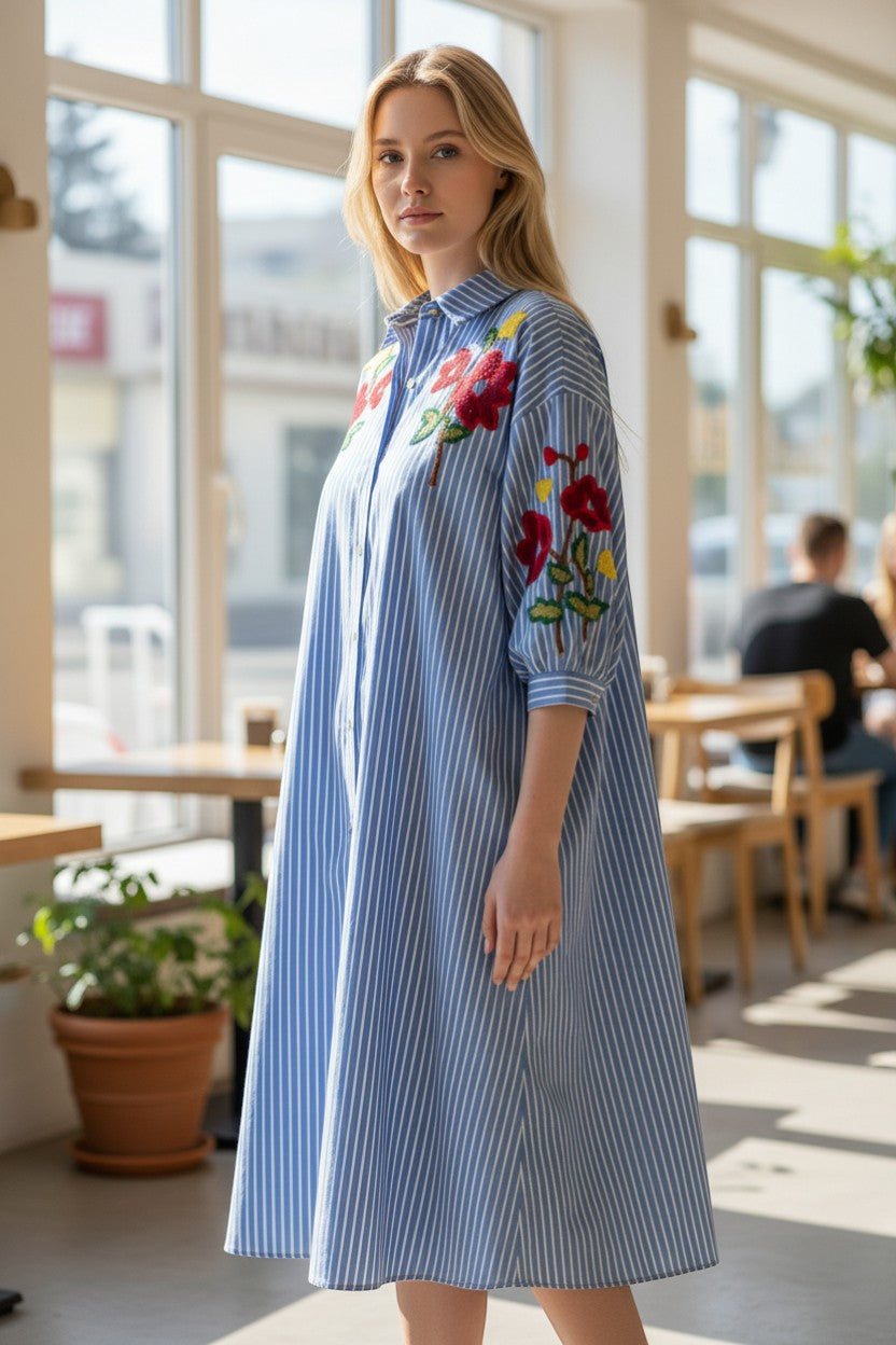 Zetaotto Embroided Balloon Sleeves  Stripe shirt Dress