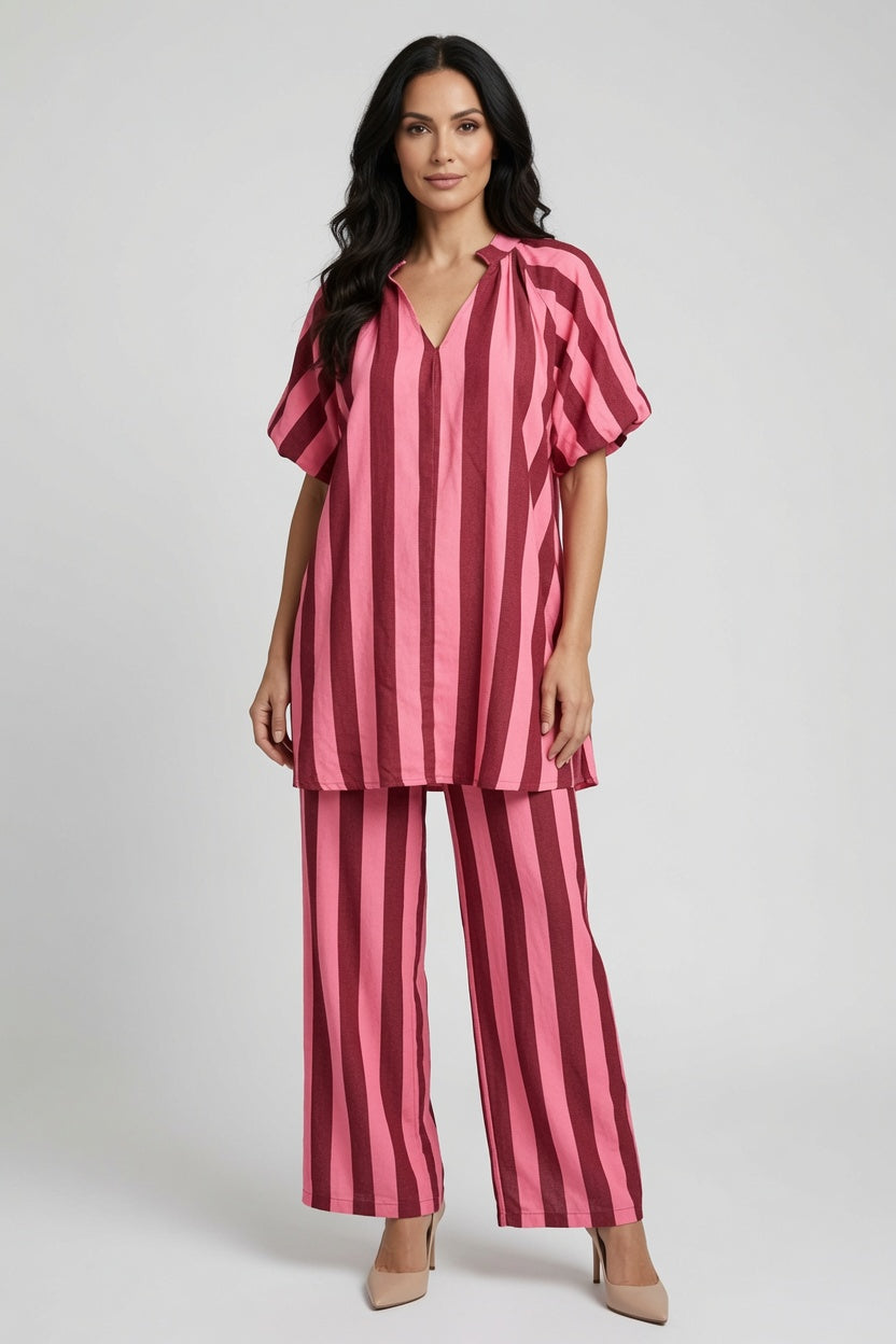 Stripe V Neck Balloon Sleeve Dress