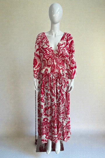 V- Neck Shirred Elastic Printed Dress