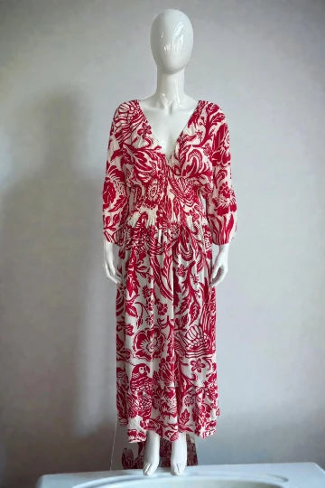 V- Neck Shirred Elastic Printed Dress