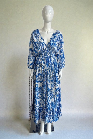 V- Neck Shirred Elastic Printed Dress