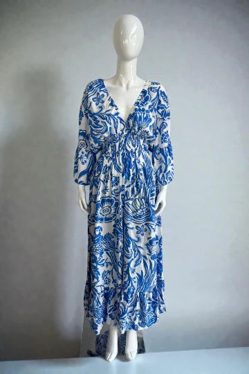 V- Neck Shirred Elastic Printed Dress