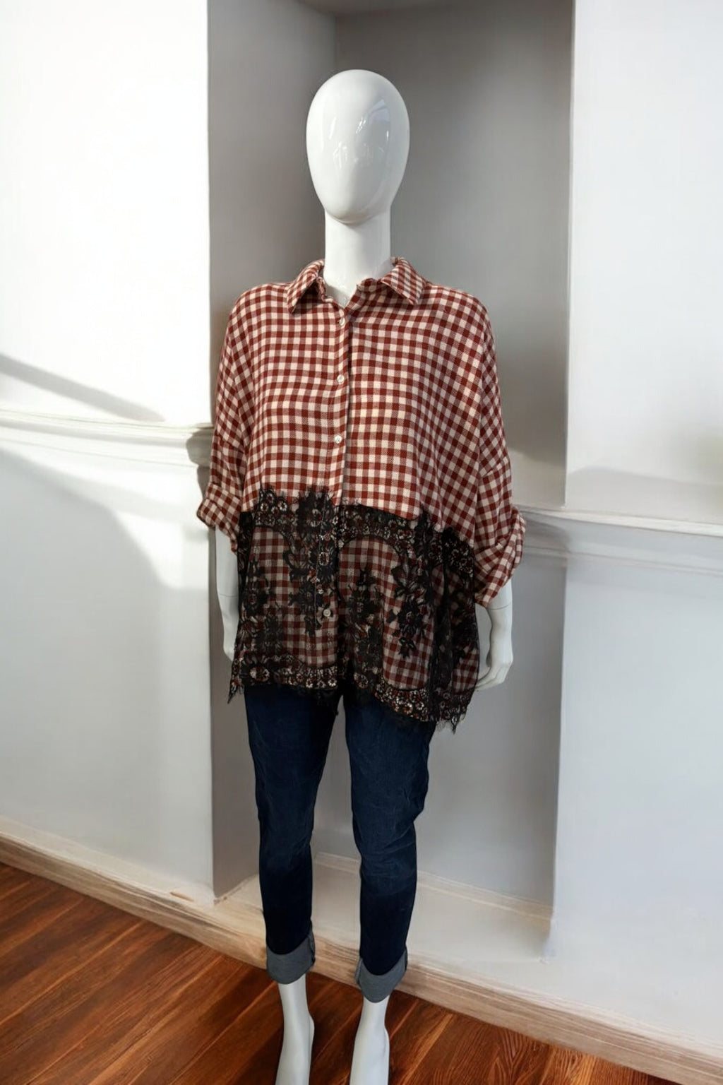 Women’s Gingham Button Down Shirt with Lace Detail