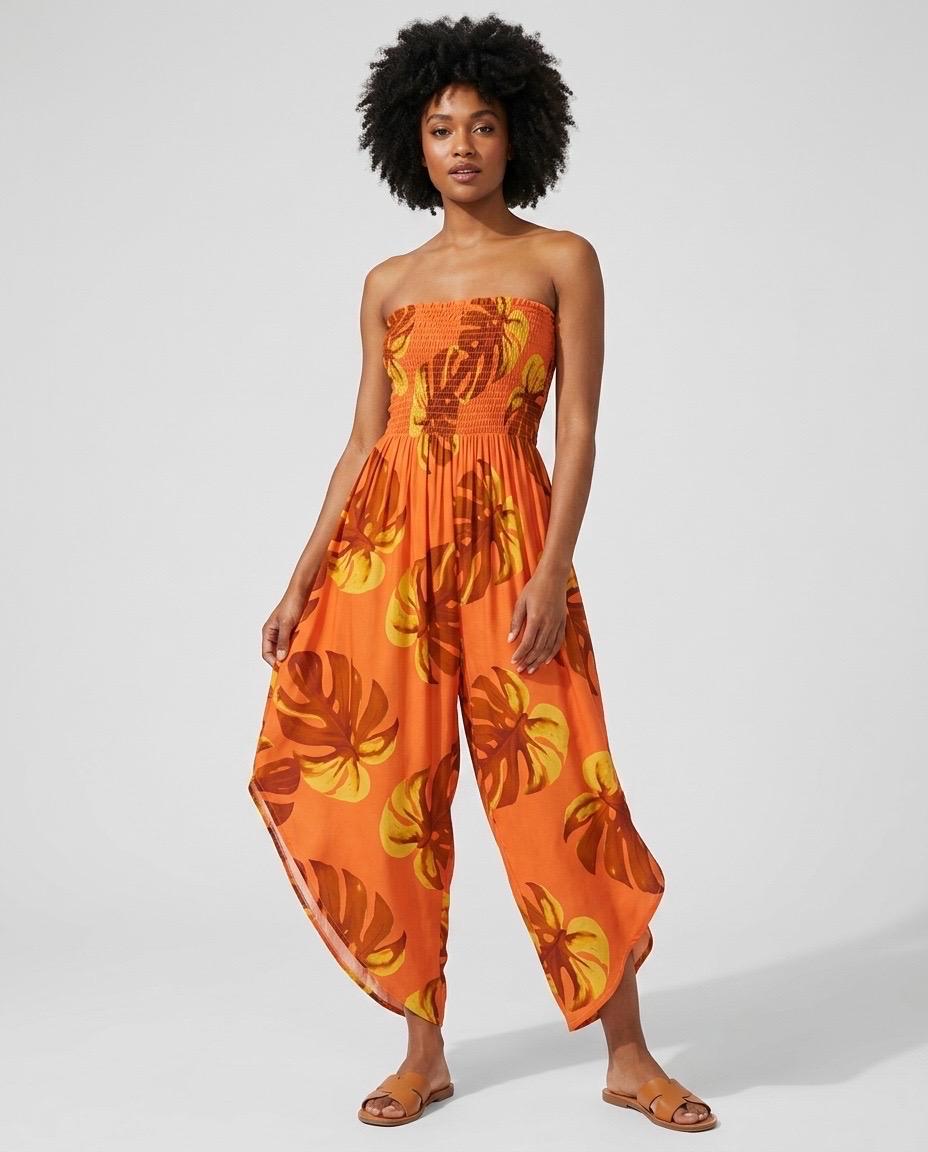 Shirred Elastic Bandeau Leaf Print Jumpsuit