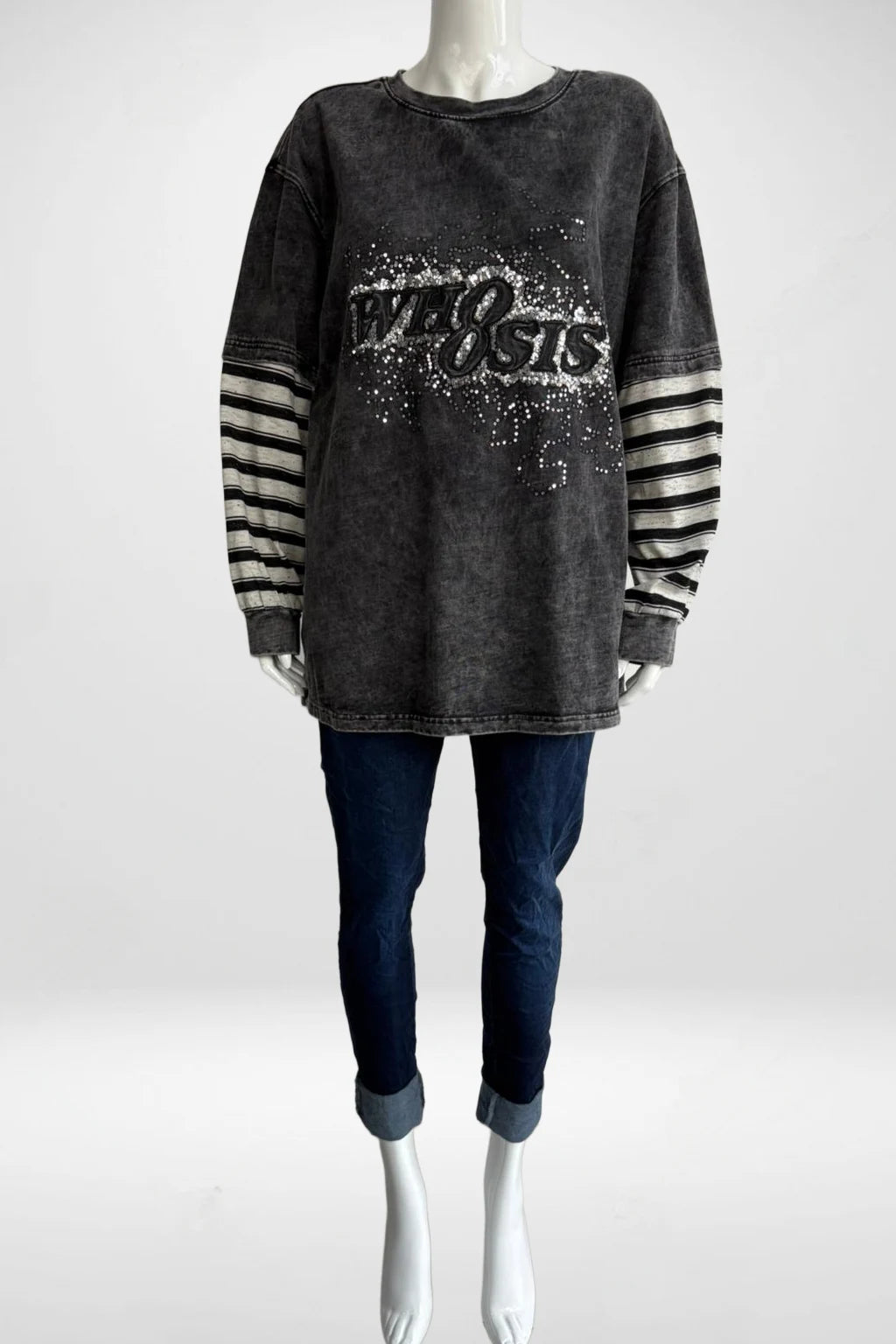 Vintage wash Stripe Sleeve Slogan Sweatshirt