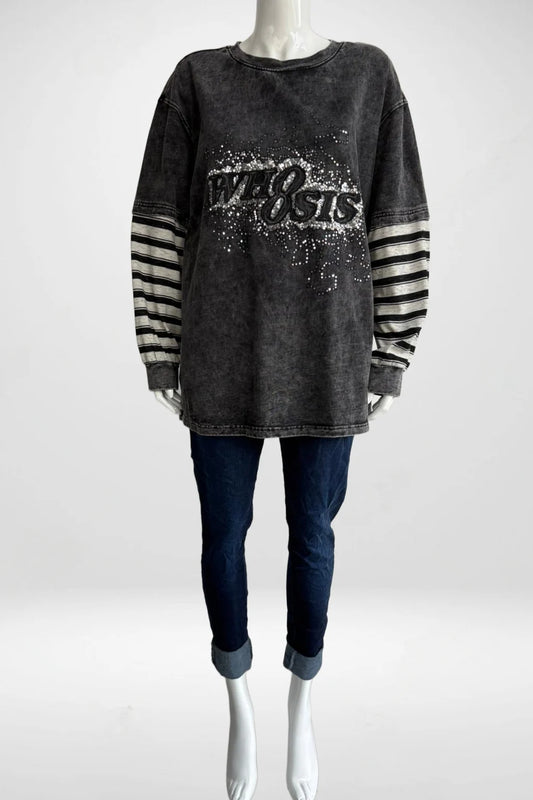 Vintage wash Stripe Sleeve Slogan Sweatshirt