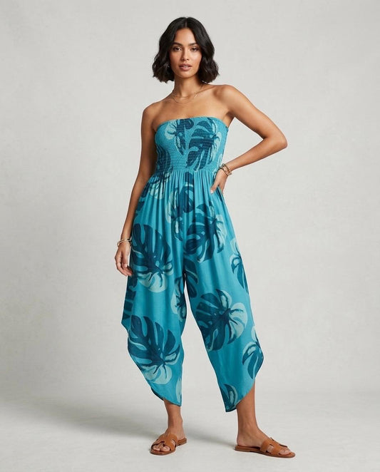 Shirred Elastic Bandeau Leaf Print Jumpsuit