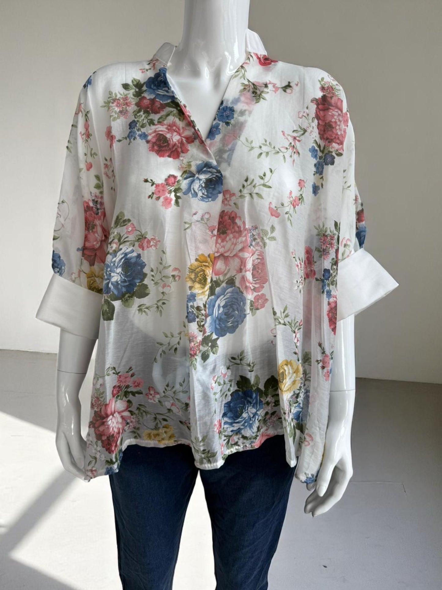 Floral Tencel Cuff Sleeve Top Lagenlook