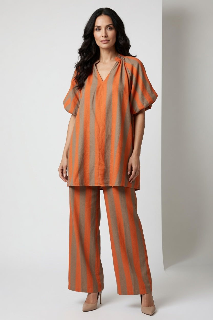 Stripe V Neck Balloon Sleeve Dress