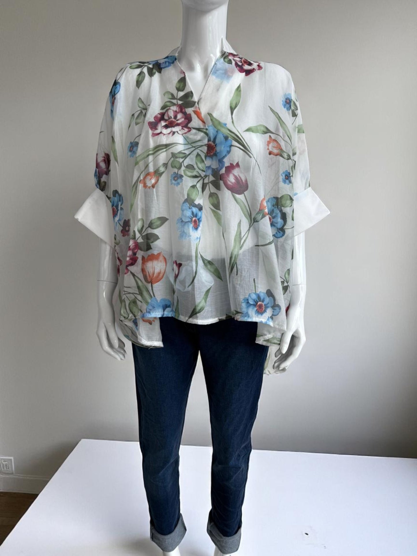 Floral Tencel Cuff Sleeve Top Lagenlook
