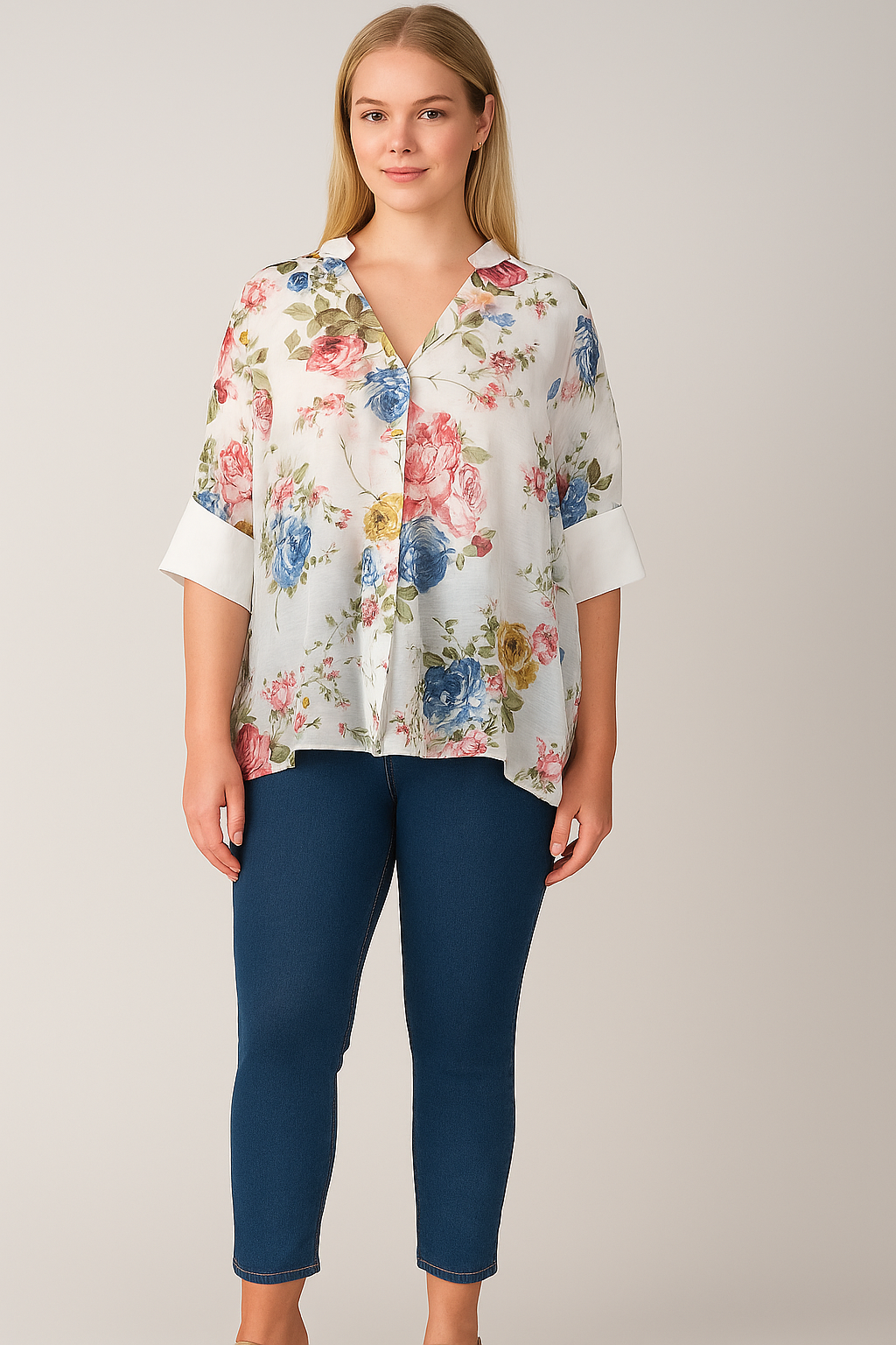 Floral Tencel Cuff Sleeve Top Lagenlook