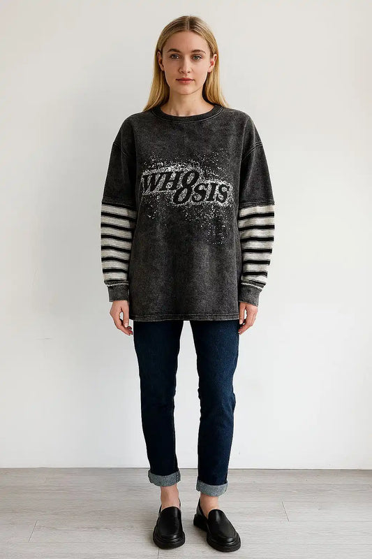 Vintage wash Stripe Sleeve Slogan Sweatshirt