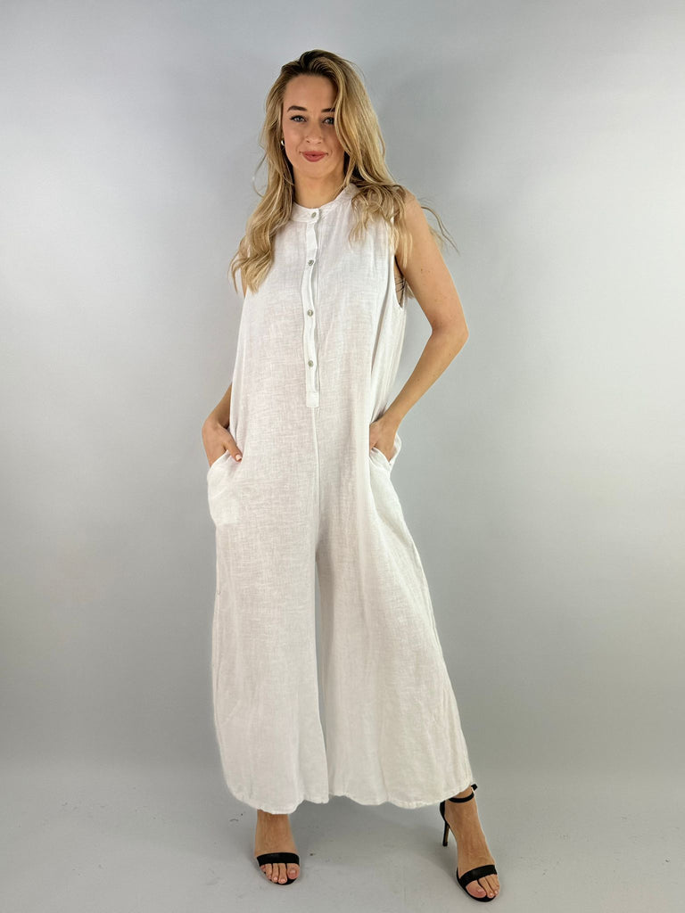 Linen Button Neck Wide Leg Jumpsuit Lagenlook