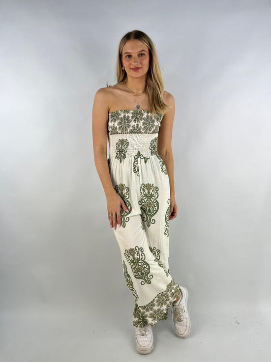 Arabian Print Shirred Elasticated Bardot Jumpsuit