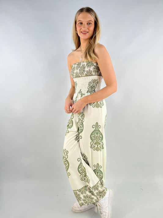 Arabian Print Shirred Elasticated Bardot Jumpsuit