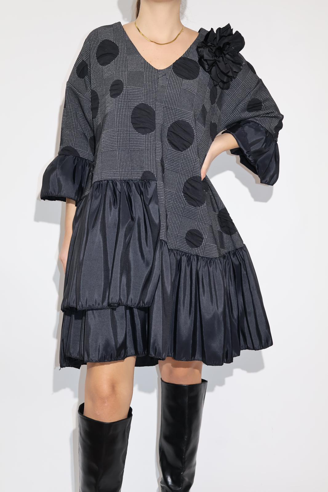 Made in Italy Tweed Textured V Neck Frill Mini Dress
