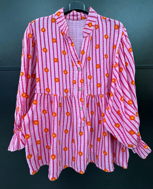 Made in Italy Cheesecloth Daisy Print Smock Blouse
