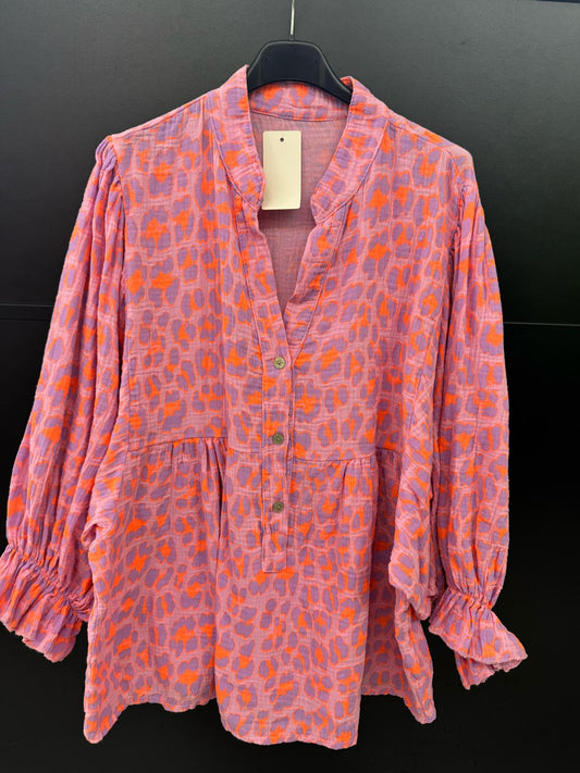 Made in Italy Cheesecloth Leopard Print Smock Blouse