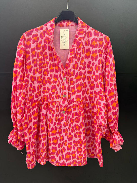 Made in Italy Cheesecloth Leopard Print Smock Blouse