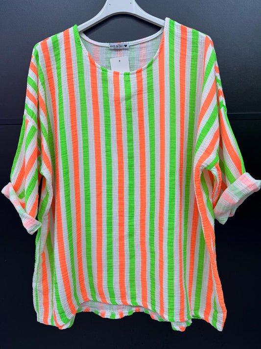 Made in Italy Cheesecloth Neon Stripe Print Top