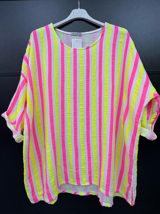 Made in Italy Cheesecloth Neon Stripe Print Top