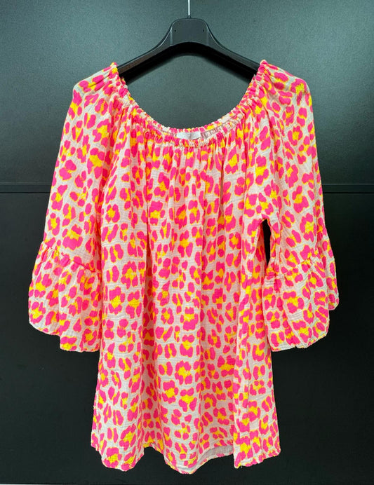Made in Italy Cheesecloth Leopard Print Bardot Top
