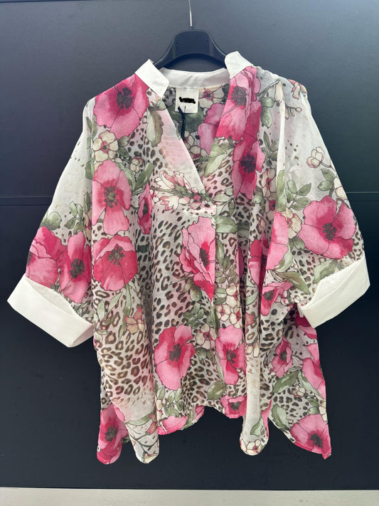 Made in Italy Floral Tencel Cuff Sleeve Top Lagenlook