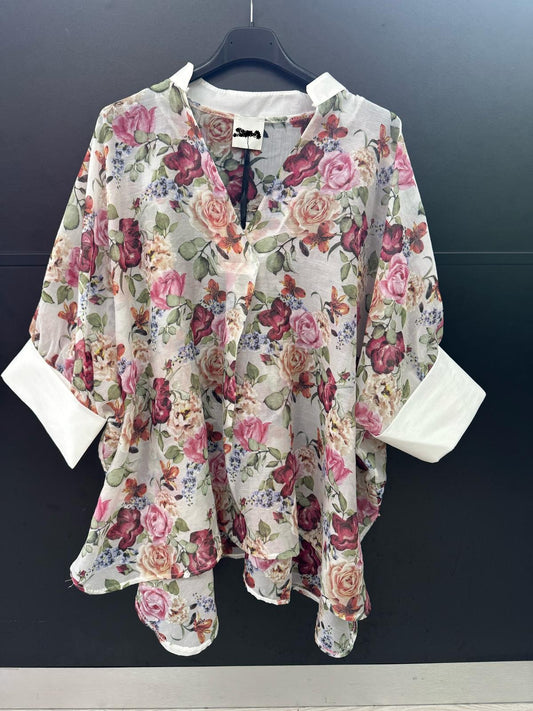Made in Italy Floral Tencel Cuff Sleeve Top Lagenlook