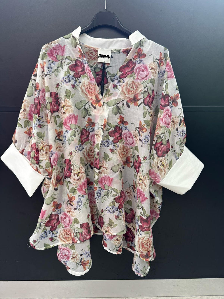 Made in Italy Floral Tencel Cuff Sleeve Top Lagenlook