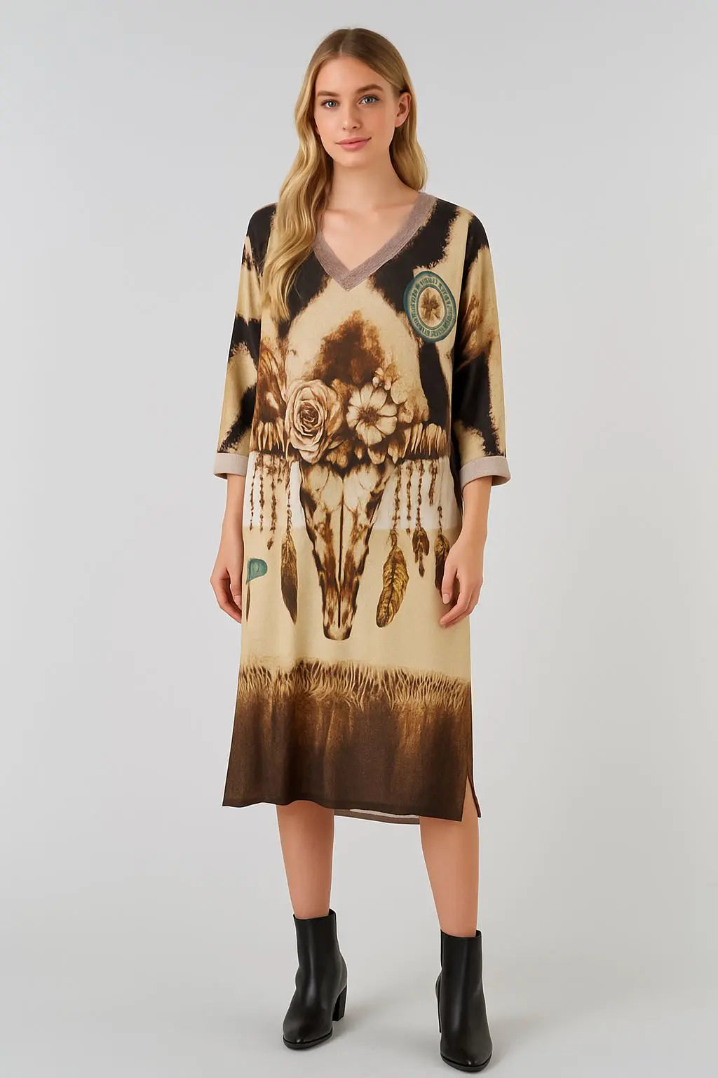 Made in Italy V Neck Printed Dress