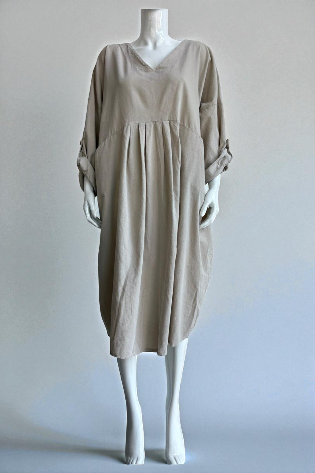 Made in Italy V Neck Corduroy Pleat Dress