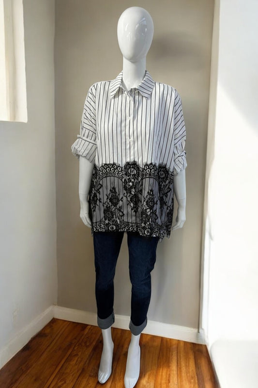 Women’s Striped Button-Down Shirt with Black Floral Lace Hem