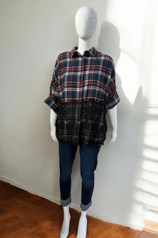 Made in Italy Plaid Shirt with Floral Lace
