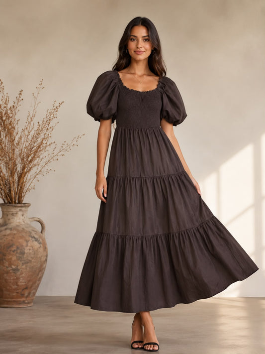 Cotton Shirred Elasticated  Puffball Sleeve Bardot Dress