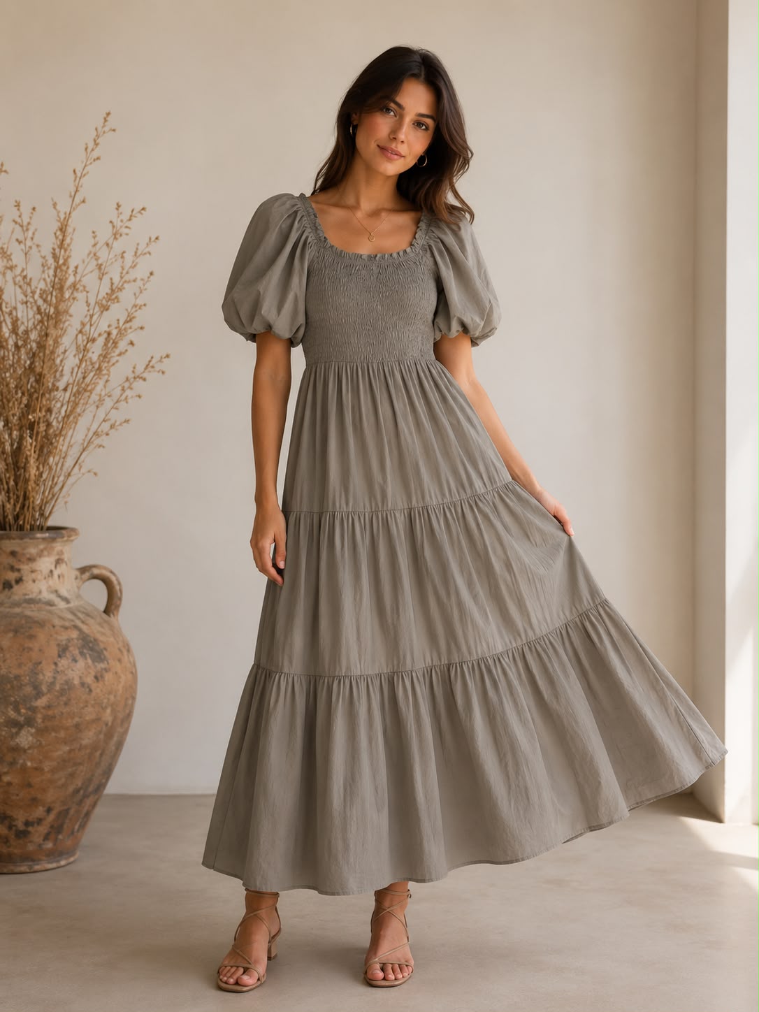 Cotton Shirred Elasticated  Puffball Sleeve Bardot Dress