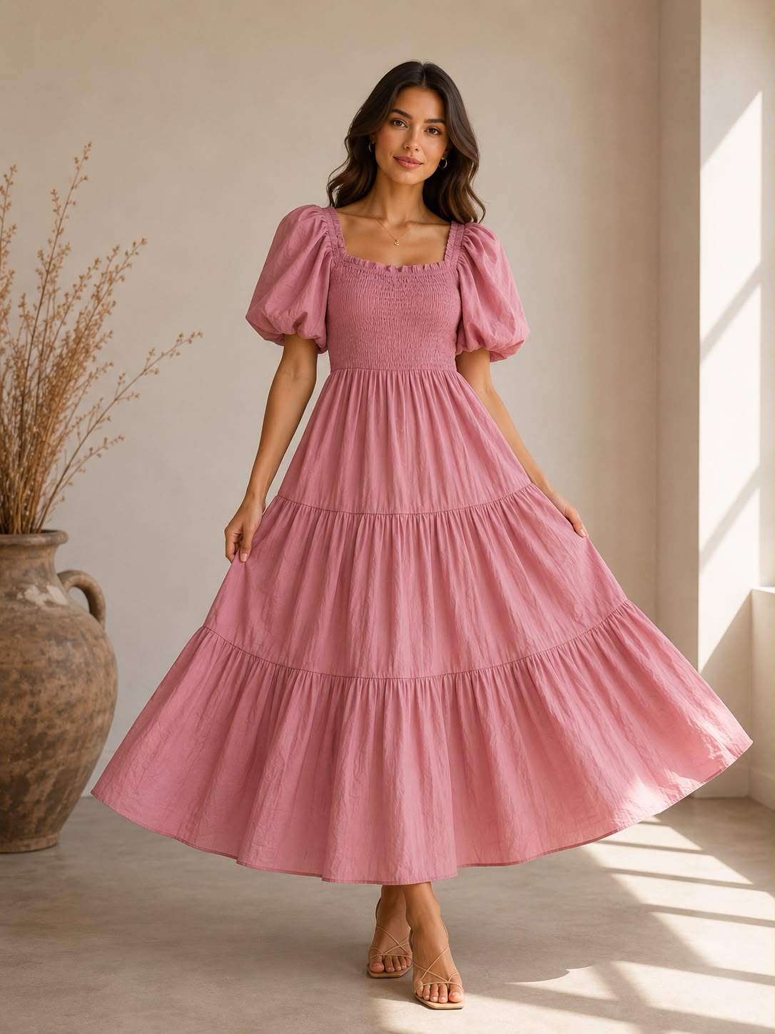 Cotton Shirred Elasticated  Puffball Sleeve Bardot Dress