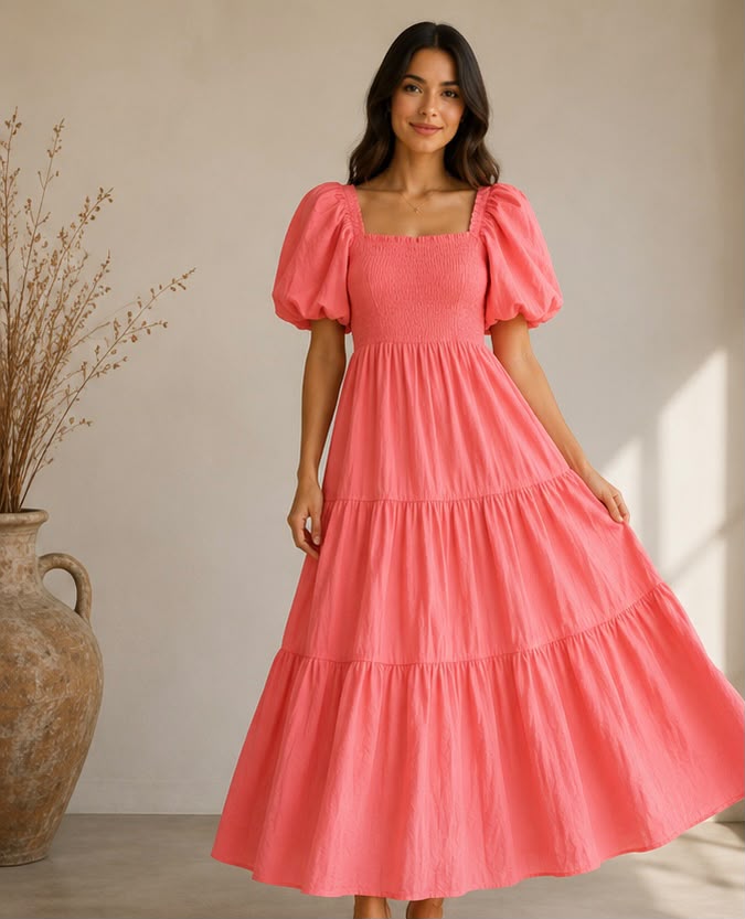 Cotton Shirred Elasticated  Puffball Sleeve Bardot Dress