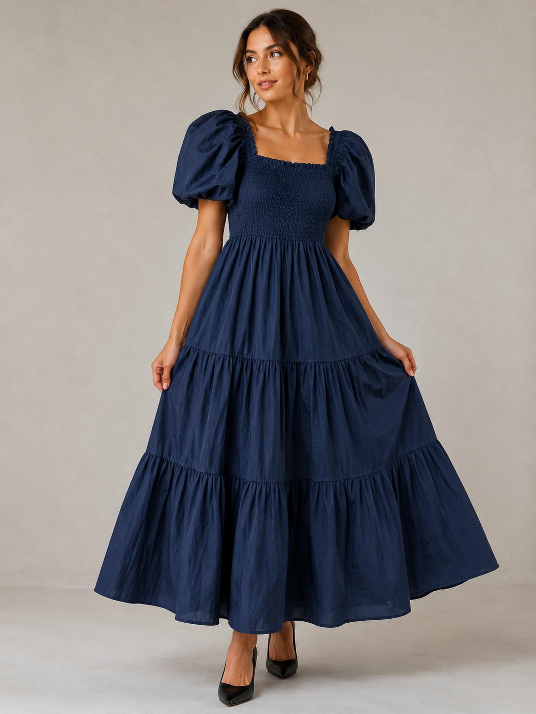 Cotton Shirred Elasticated  Puffball Sleeve Bardot Dress