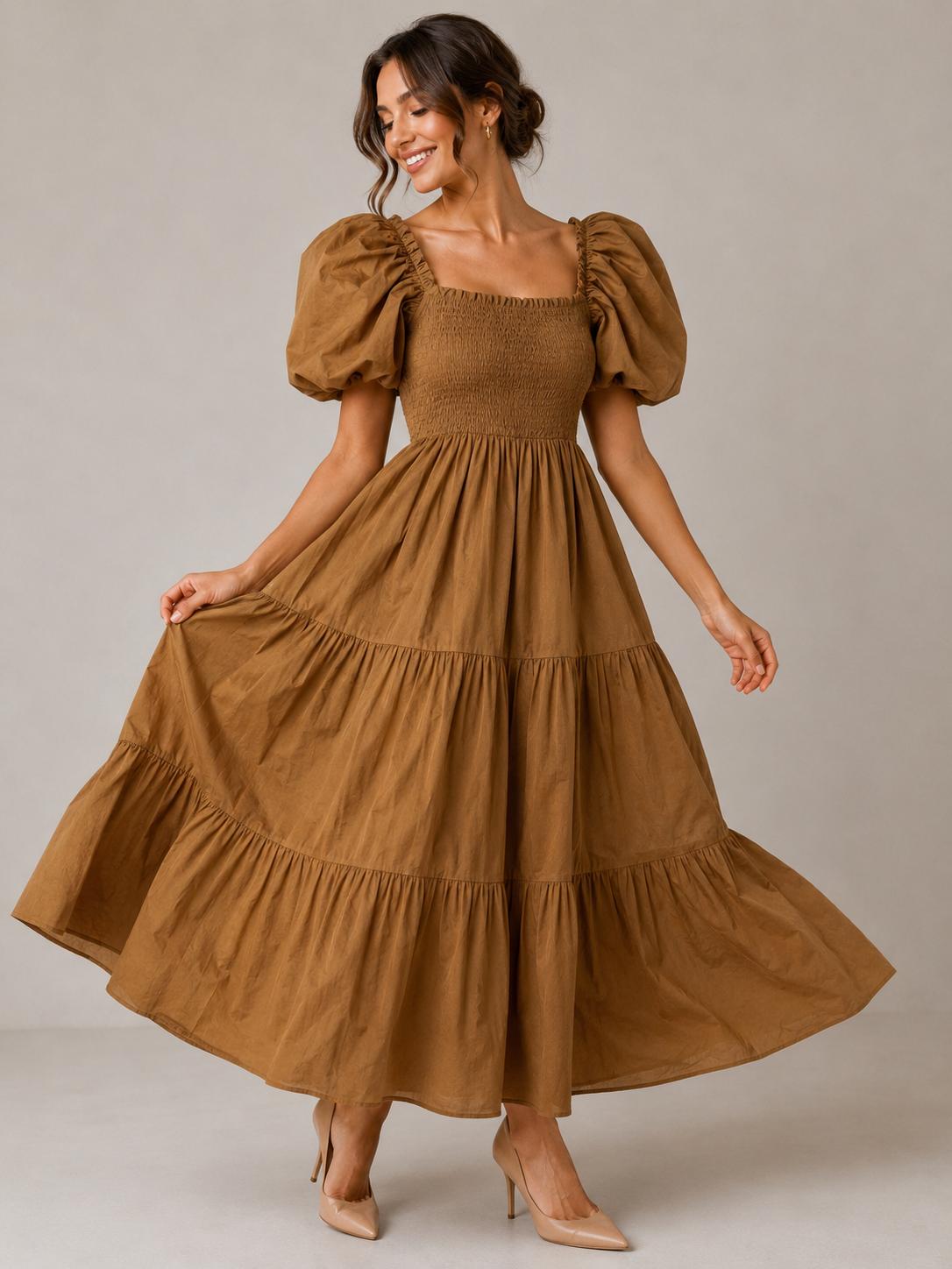Cotton Shirred Elasticated  Puffball Sleeve Bardot Dress