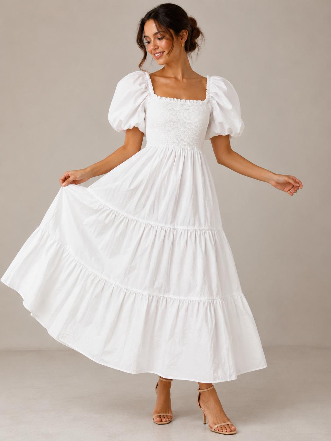 Cotton Shirred Elasticated  Puffball Sleeve Bardot Dress
