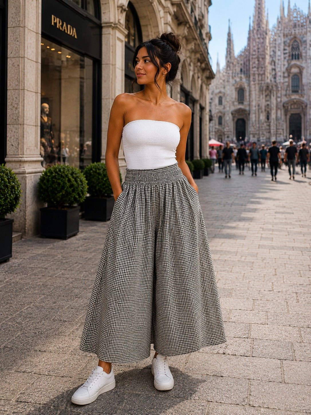 Shirred Elasticated Gingham Palazzo Pant