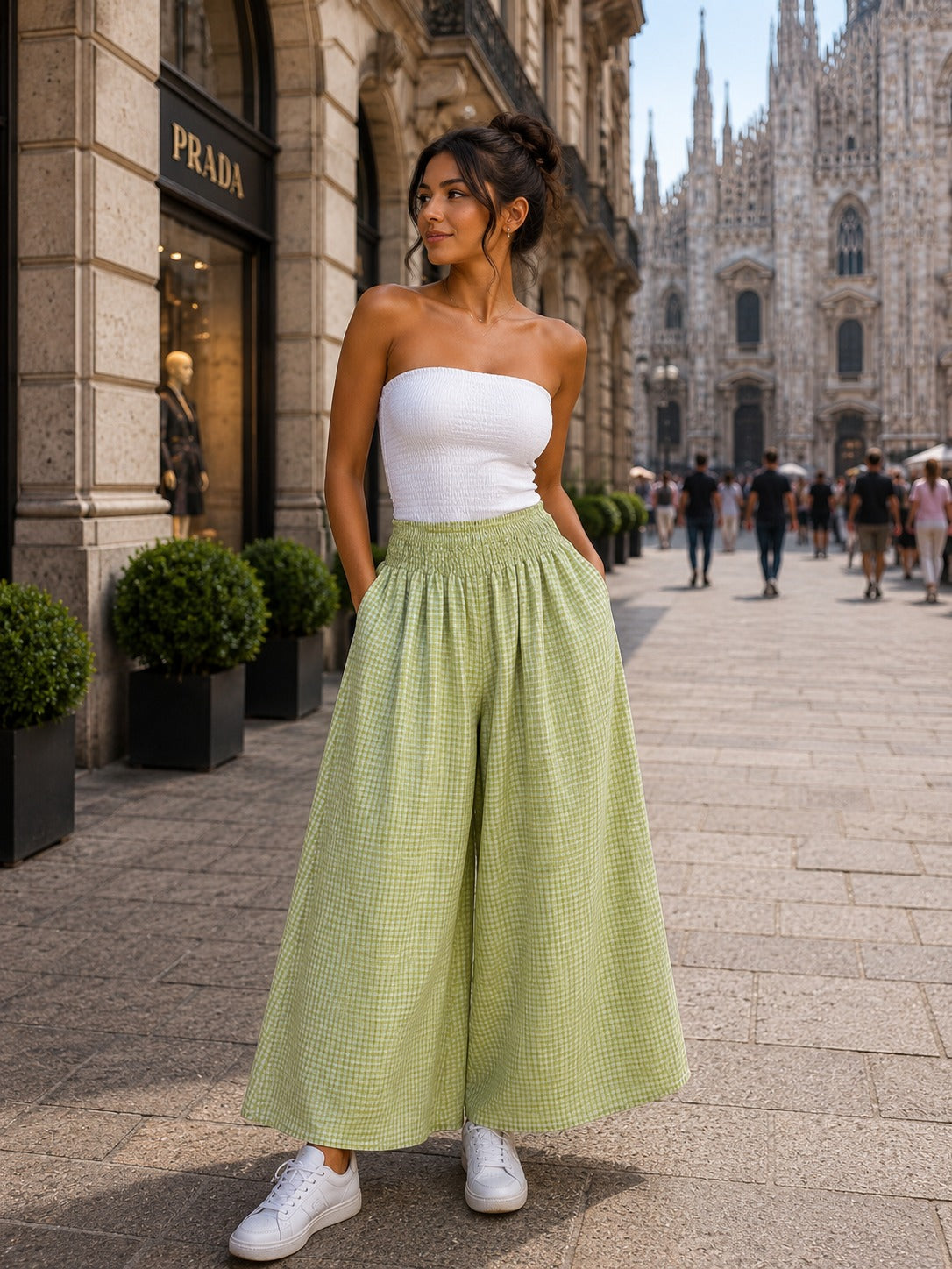 Shirred Elasticated Gingham Palazzo Pant