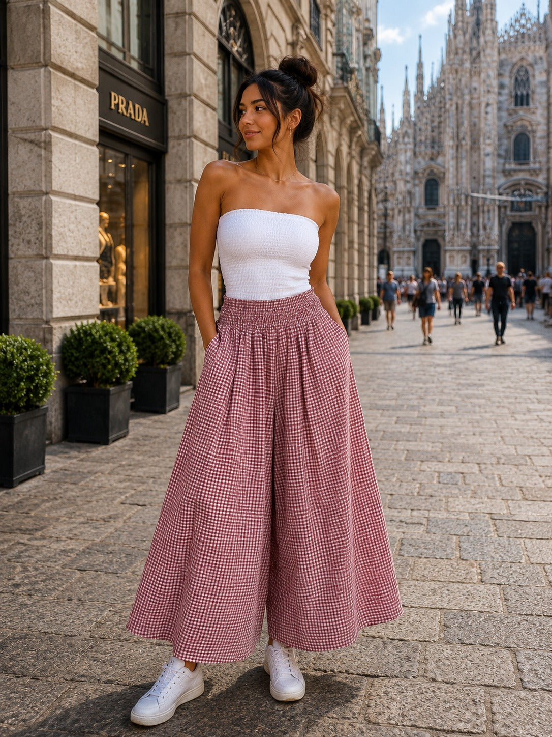 Shirred Elasticated Gingham Palazzo Pant