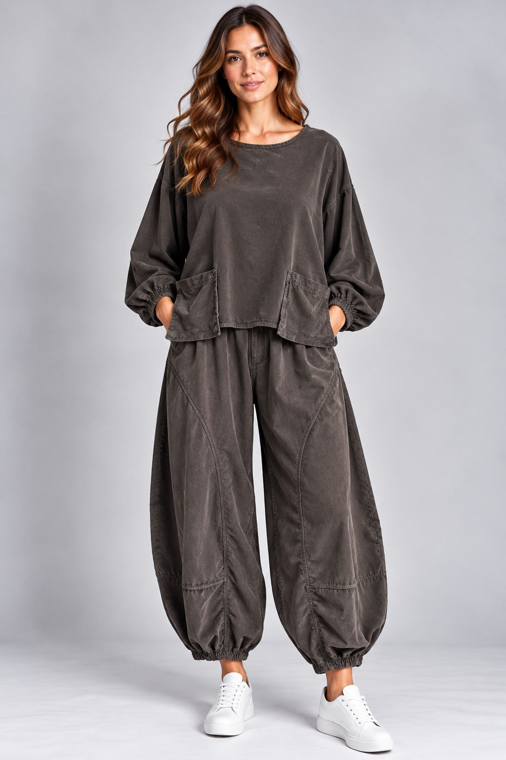 Corduroy Balloon Sleeve Patch Pocket top